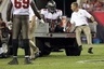 August 24, 2012; Tampa, FL, USA;  Tampa Bay Buccaneers guard Davin Joseph (75) gets carted off the field during the second quarter against the New England Patriots at Raymond James Stadium. Mandatory Credit: Kim Klement-US PRESSWIRE
